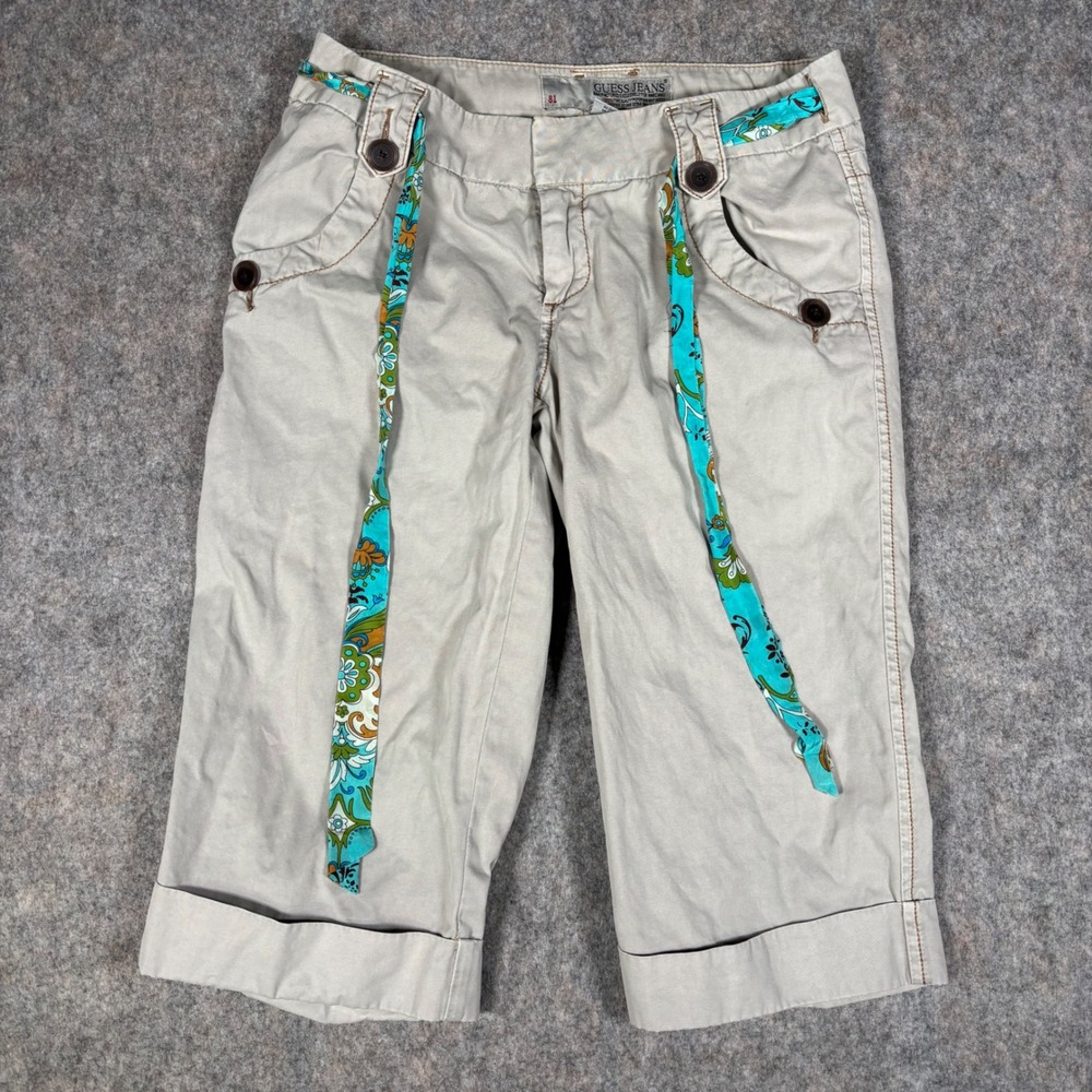 Guess Jeans Capri Pants Womens 28 Tan Khaki Paisley Scarf Belt Y2K‎ Boho Summer